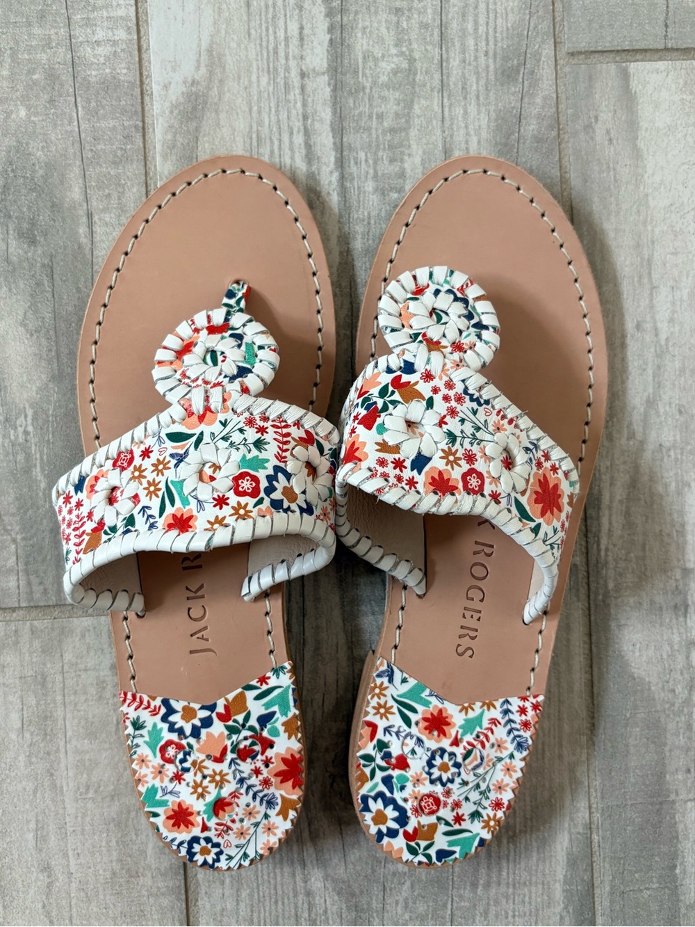 Jack Rogers White Floral Leather Thong Sandals with Multicolor Accents
